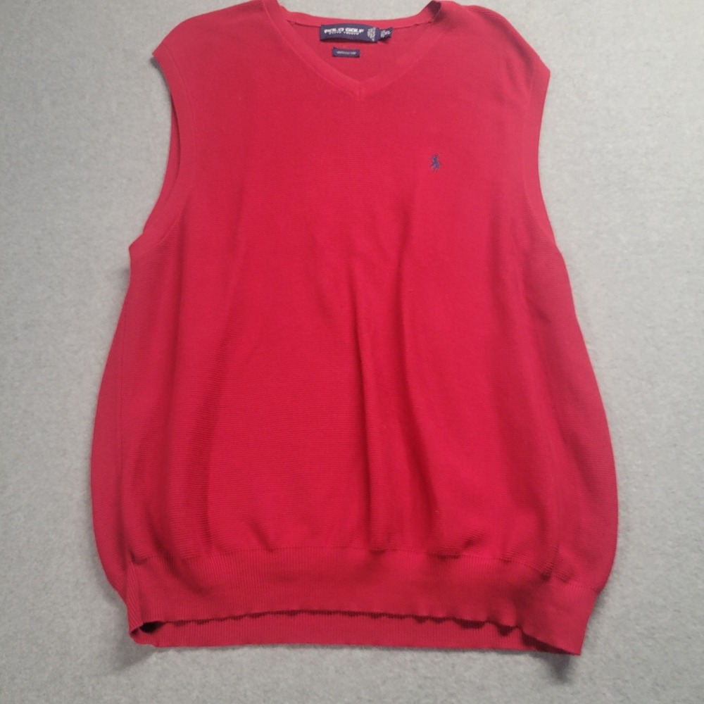 Polo Golf Ralph Lauren Mens XL Red 100% Cotton V-Neck Sweater Vest Italian Yarn